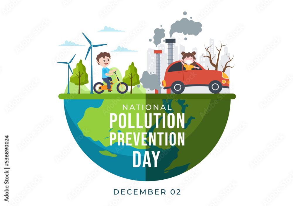 Naklejka premium National Pollution Prevention Day for Awareness Campaign About Factory, Forest or Vehicle Problems in Template Hand Drawn Cartoon Flat Illustration