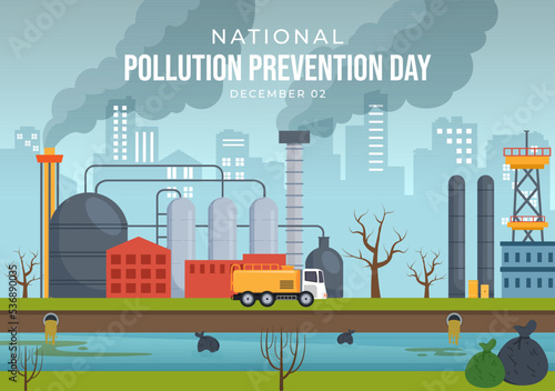 Fototapeta Naklejka Na Ścianę i Meble -  National Pollution Prevention Day for Awareness Campaign About Factory, Forest or Vehicle Problems in Template Hand Drawn Cartoon Flat Illustration