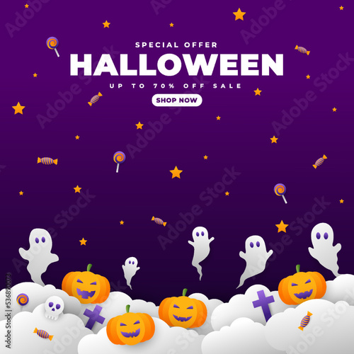 Fototapeta Naklejka Na Ścianę i Meble -  Halloween day vector illustration with pumpkin, candy and ghost elements