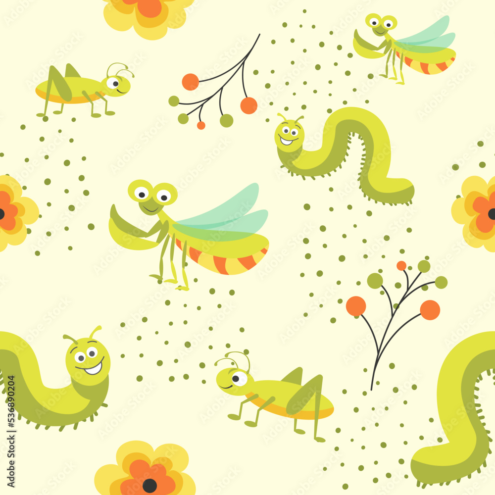 Funny insect characters, flies and caterpillar