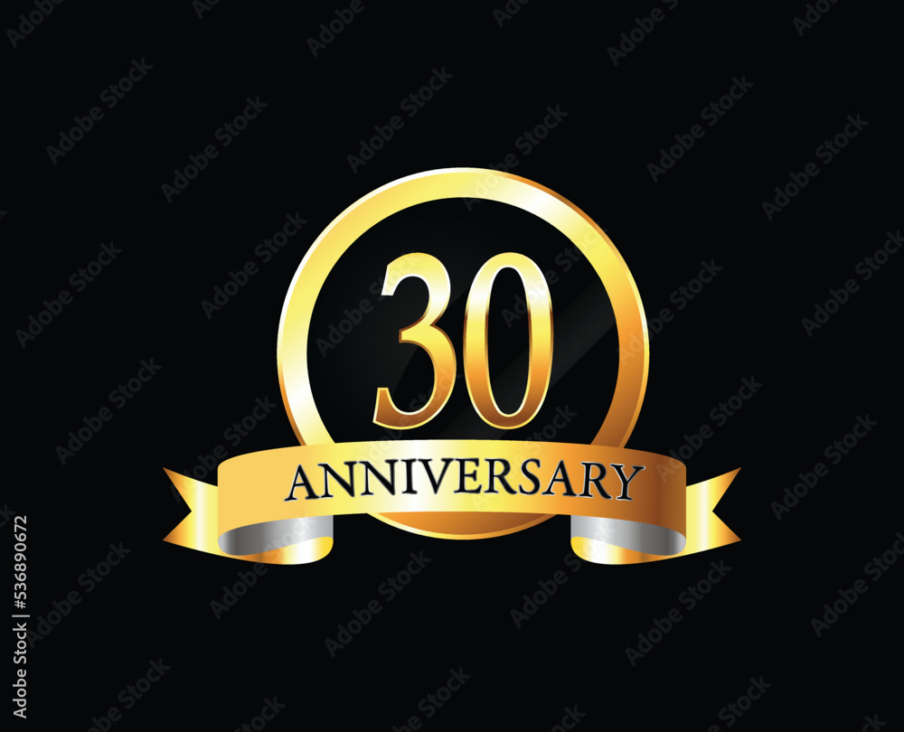 30th anniversary golden label. 30 year anniversary golden badge. Anniversary with golden ring and ribbon 30th anniversary golden label. 30 year anniversary golden badge. Anniversary with golden ring and ribbon