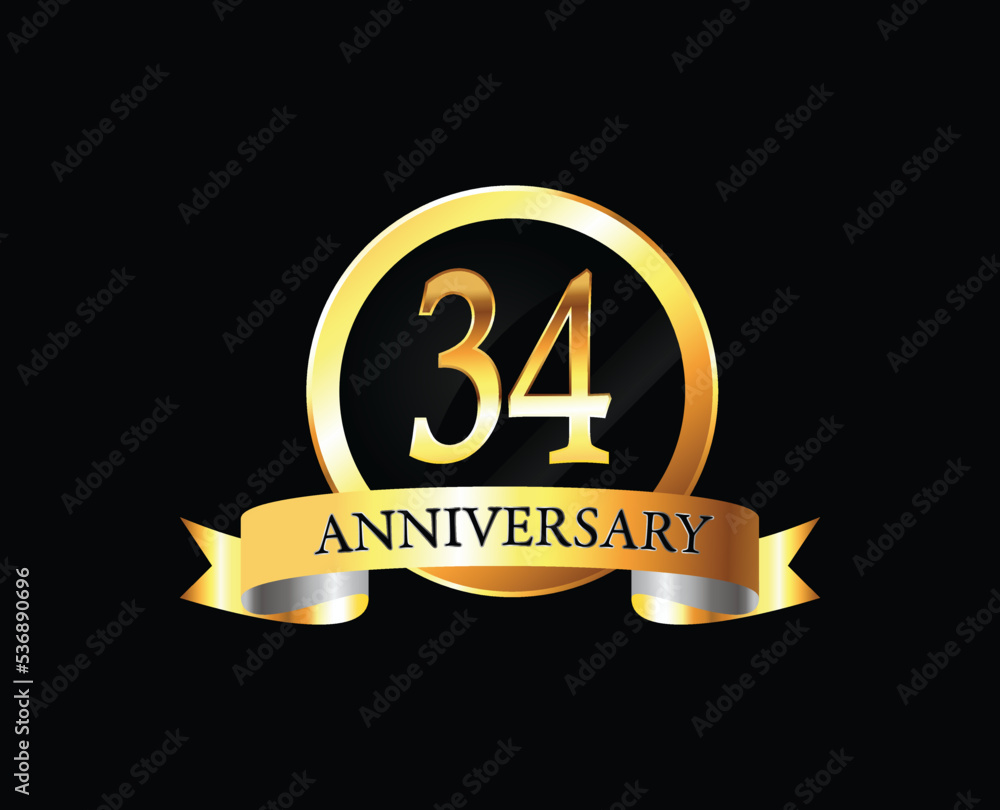 34th anniversary golden label. 34 year anniversary golden badge. Anniversary with golden ring and ribbon 34th anniversary golden label. 34 year anniversary golden badge. Anniversary with golden ring and ribbon