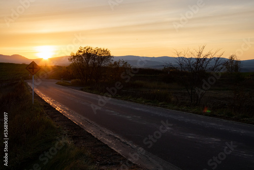 夕日に照らされた農村の道路 