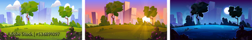 Set of morning, day and night city cartoon illustration. Vector design of sunrise, afternoon and moonlit evening sky over megalopolis and glade in green public park. Dusk and dawn cityscape collection