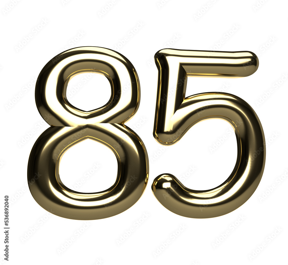 Isolated Metallic Three Dimensional Alphabet 85 or Eighty Five. Golden 3D Render Illustration with White Background. Isolated Metallic Three Dimensional Alphabet 85 or Eighty Five. Golden 3D Render Illustration with White Background.