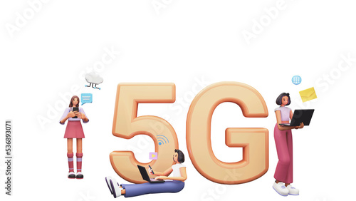 3D Render 5G Text With Young Women Using Smartphone And Laptop Against Background.