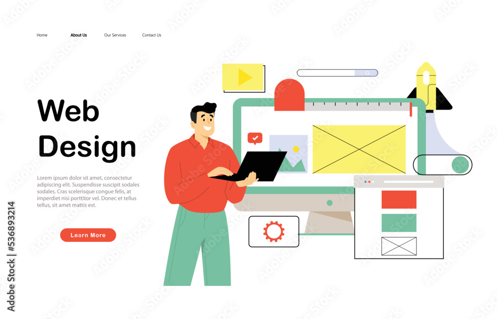Web page design template for designing and programming vector illustration. Man working on mobile application, coding and prototyping web page. Web landing page design Web page design template for designing and programming vector illustration. Man working on mobile application, coding and prototyping web page. Web landing page design