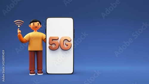 Fototapeta Naklejka Na Ścianę i Meble -  3D Render Of Young Man Showing Wifi Symbol With 5G Text Over Smartphone Screen On Blue Background And Copy Space.