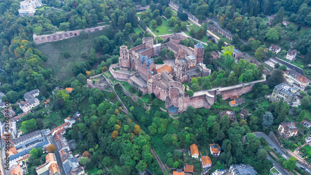 Aerial view over the famous city of Heidelberg Germany - Heidelberg castle - old bridge - old town Europe 