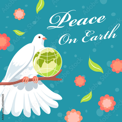 Peace on earth, dove with planet sitting on twig