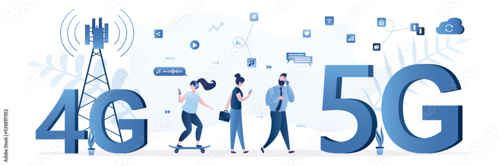 Group of users go from technology 4g to high-speed 5g. A new generation of networks with fast internet. Wireless communication at high speeds. People uses smart gadgets. Group of users go from technology 4g to high-speed 5g. A new generation of networks with fast internet. Wireless communication at high speeds. People uses smart gadgets.