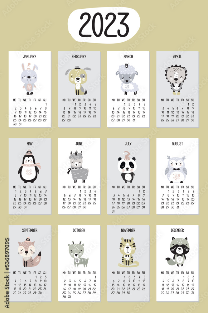 Calendar 2023 with cute animals in scandinavian style. Printable