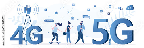 Group of users go from technology 4g to high-speed 5g. A new generation of networks with fast internet. Wireless communication at high speeds. People uses smart gadgets.