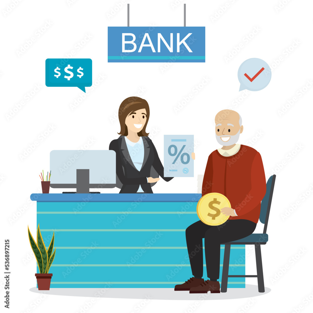 Bank employee talking to grandfather. Old man brought his savings to the bank. Retirement savings. Passive income. Banking financial services, deposit. Pension fund.