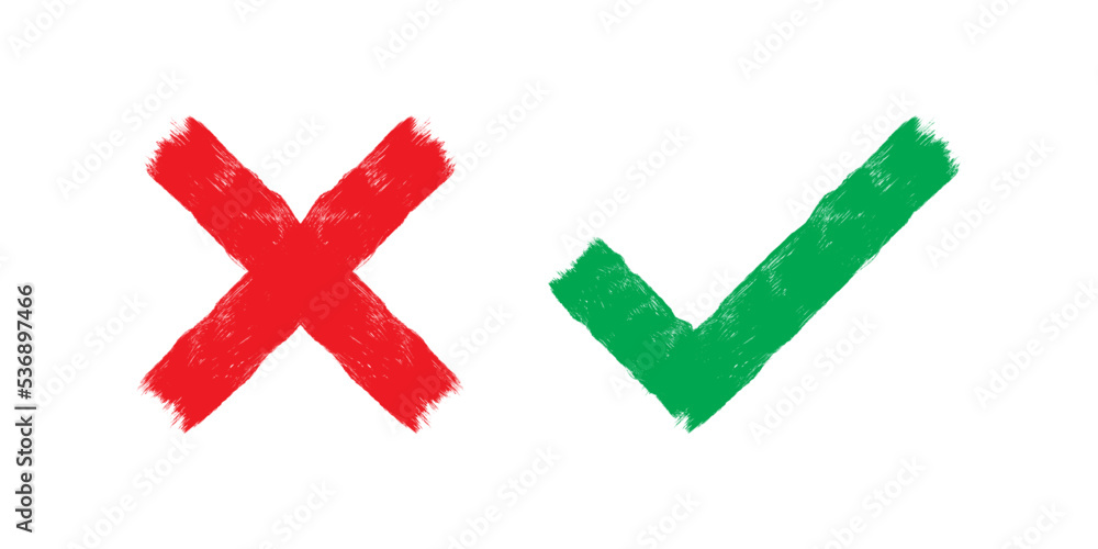 Obraz premium Two grunge hand drawn brush strokes - cross x and check mark on. Check boxes for NO and YES buttons to vote in checkbox, list, online. Agreement and disagreement symbol isolated on white.