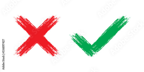 Two dirty grunge hand drawn with brush strokes cross x and check mark on. Check boxes for NO and YES buttons to vote in checkbox, list, online. design isolated on white background.