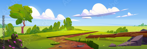 Cartoon nature landscape, rural dirt road going along green field with grass, bushes and green trees under blue sky with fluffy clouds, scenery background for game, summer day Vector illustration