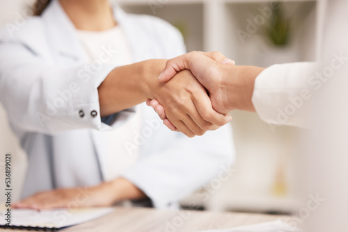 Interview, hiring and handshake by hr and employee in contract and deal meeting, recruitment success. B2b, partnership and welcome in onboarding by man and woman join hands in business integration