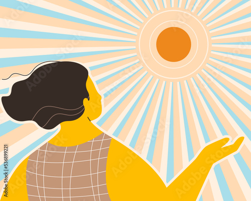 A tan skin woman under the sunshine for get more vitamin D from the sun light, healthy lifestyle concept. flat vector illustration.