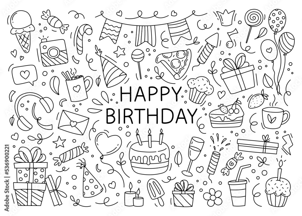 Happy birthday doodle set. Hand drawn vector illustration isolated on white background.