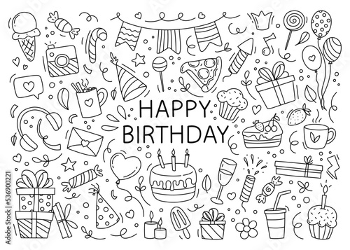 Happy birthday doodle set. Hand drawn vector illustration isolated on white background.