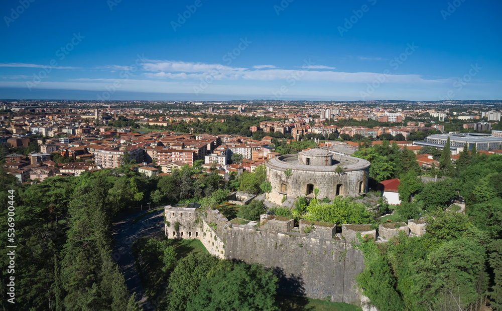 Panorama top view of the historic part of the city of Verona. Morning aerial view of Verona Italy. Aerial view of Forte Sofia in Verona, Italy.