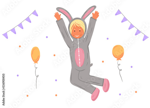 Little girl in cozy bunny pajama. Birthday onesie party