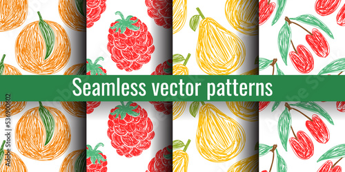 Orange, raspberry, pear and cherry fruit sketch. Seamless pattern set. Hand drawn vector illustration. Pen or marker fruits