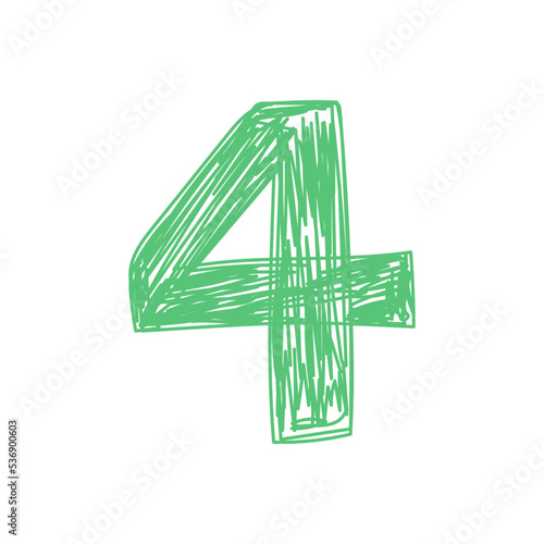 Number 4. Hand drawn line sketch digit. Children's drawing