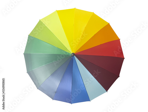 Rainbow umbrella isolated on white background. Opened umbrella with rainbow colors.
