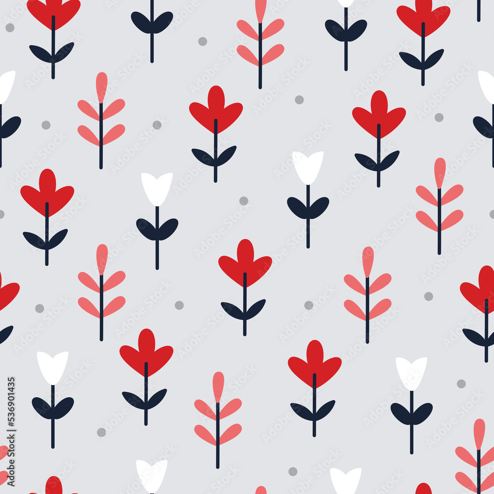 Floral seamless pattern. Simple flowers and leaves isolated on a grey background.  Vector flat illustration for design of fabric, paper, and other surfaces
