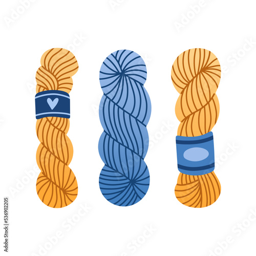 Set of yarn balls for knitting and crochet in blue and yellow colors vector