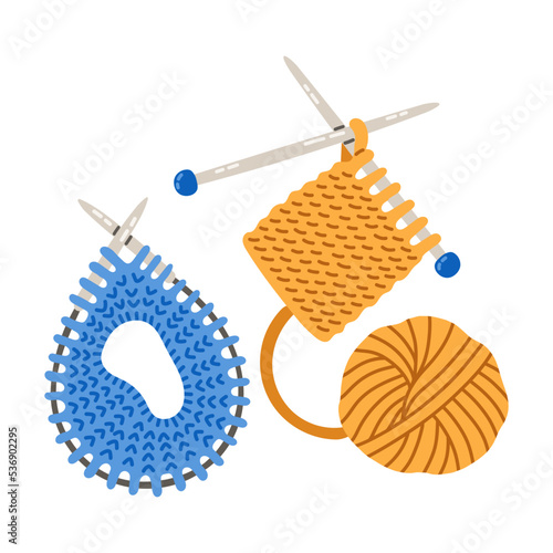 Set of knitting needlework yarn balls in blue and yellow colors vector