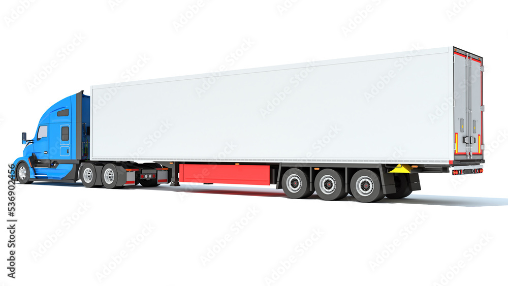 Truck with Reefer Refrigerator Trailer 3D rendering on white background Truck with Reefer Refrigerator Trailer 3D rendering on white background