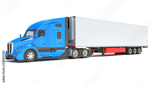 Truck with Reefer Refrigerator Trailer 3D rendering on white background