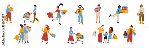 People shopping in store, mall or market. Diverse characters with bags, cart and package boxes, family with kid, couple, elder woman, men and girls with purchases, vector hand drawn illustration