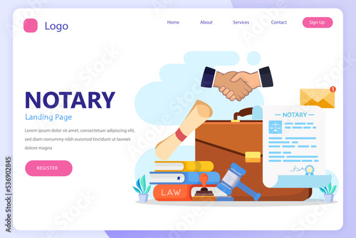 Notary services and legal assistance concept. landing page website flat vector template