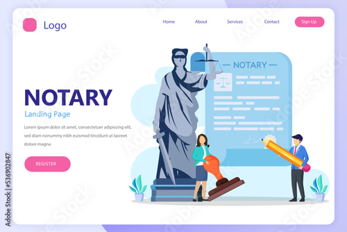 Notary services and legal assistance concept. landing page website flat vector template