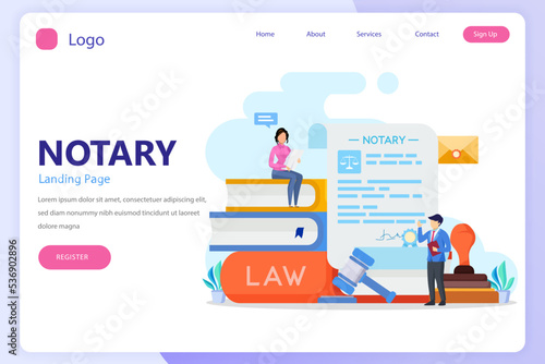Notary services and legal assistance concept. landing page website flat vector template