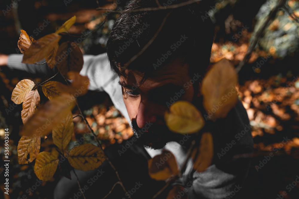 Mysterious man hidden among autumn leaves