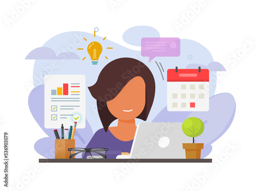 Woman multitasking work or professional female girl busy doing multi task job flat graphic illustration, lady employee working on table desk as energetic secretary person on computer image