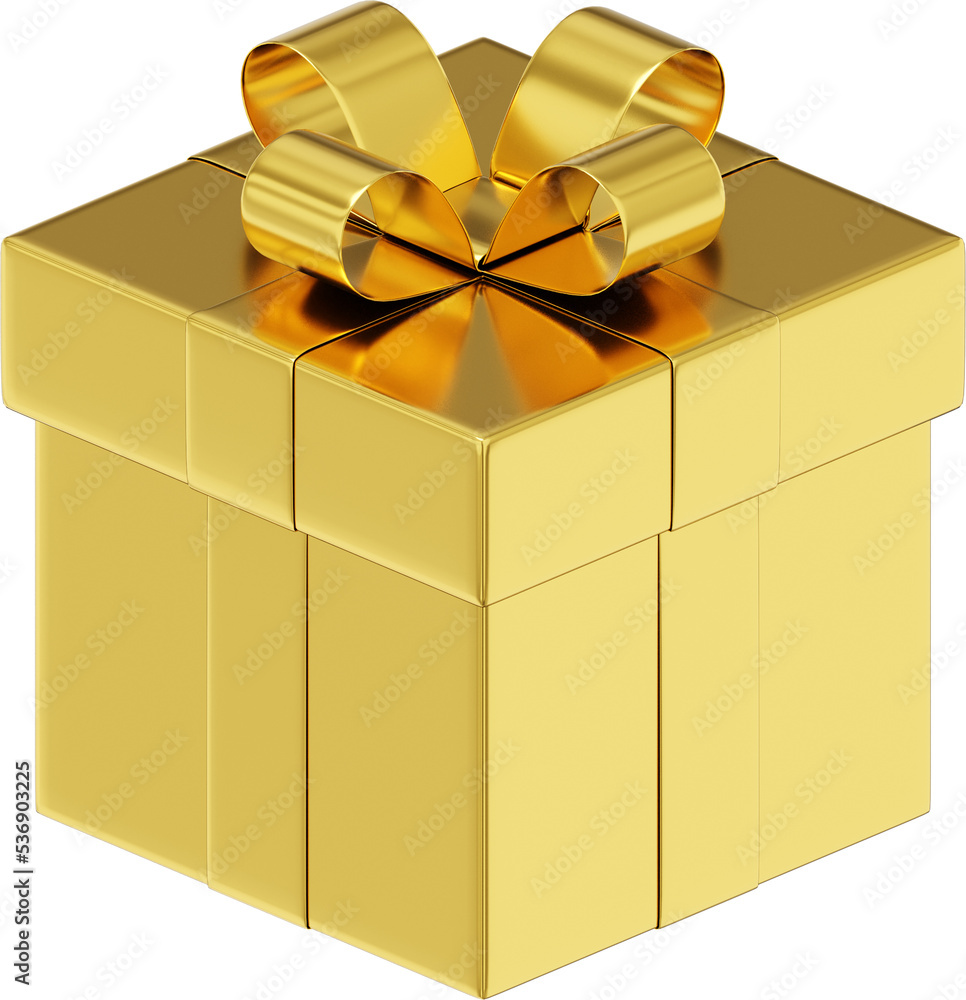 Realistic gold gift box with ribbon. 3D rendering. PNG Icon on transparent  background. Stock Illustration | Adobe Stock