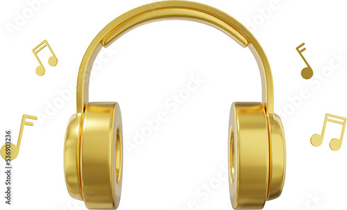 Wireless headphones and flying music notes front view. Gold PNG icon on a transparent background. 3D rendering.