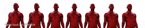 3d render. Row of red metallic bald male heads on white background. 