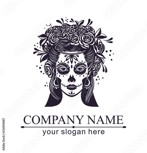 Logo in Calavera style. Dia de los muertos, Day of the dead is a Mexican holiday. Girl with flowers in her hair and Woman with make-up - sugar skull.