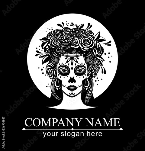 Logo in Calavera style. Dia de los muertos, Day of the dead is a Mexican holiday. Girl with flowers in her hair and Woman with make-up - sugar skull.