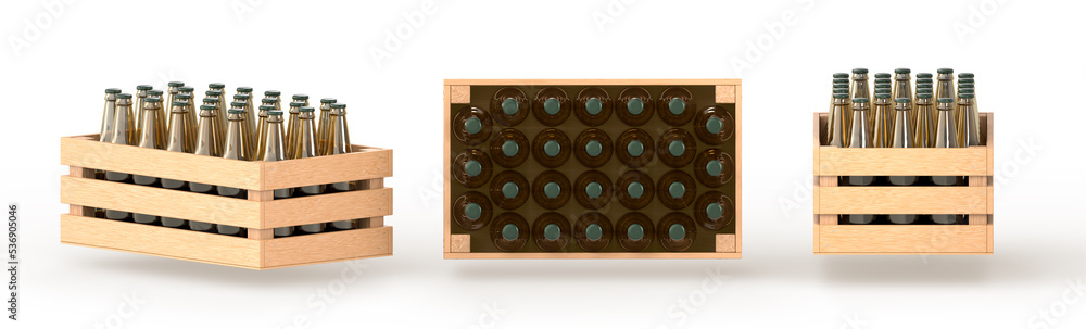 Wooden box full glass bottles beer side, top and angle view. Wood crate with alcohol drinks, timber plank container for storage, transportation and delivery beverage on white backdrop Wooden box full glass bottles beer side, top and angle view. Wood crate with alcohol drinks, timber plank container for storage, transportation and delivery beverage on white backdrop