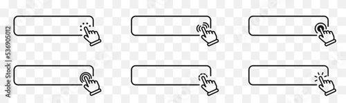 Search bar icon isolated on transparent background. Click here web button icon. Computer mouse cursor or hand pointer symbol. Button with hand an arrow clicking icon set. Vector illustration