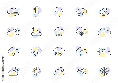 Modern weather icon set. Contour collection of meteorological symbols. ontains symbols of the sun  clouds  snowflakes  wind  moon and more. Set of weather icons in thin line style. Vector