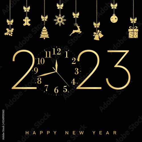 2023 Happy New Year and Merry Christmas card with golden text. Vector